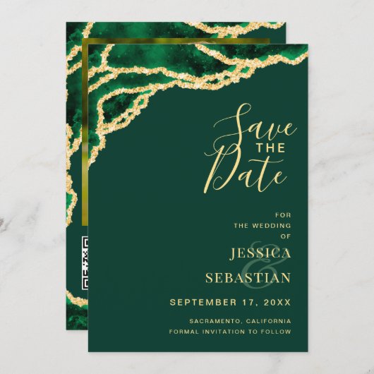 Save The Date Photo personnalisée QR Code Emerald Green Agate Mo (Devant / Derrière)