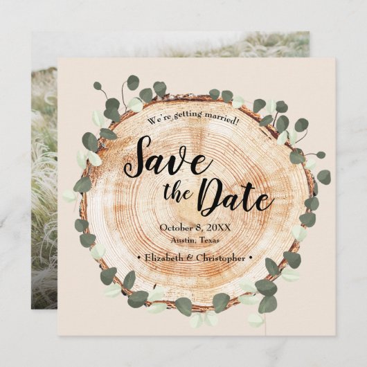 Save The Date Photo personnalisée Site Web bois grain eucalyptus (Devant / Derrière)