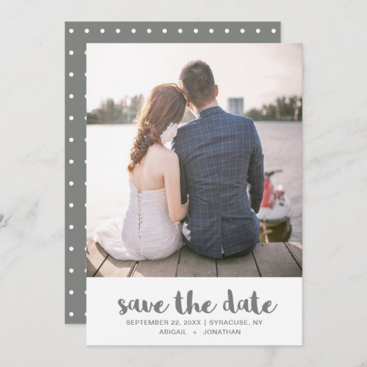 Save The Date Photo Pois gris et blanc simple (Devant / Derrière)