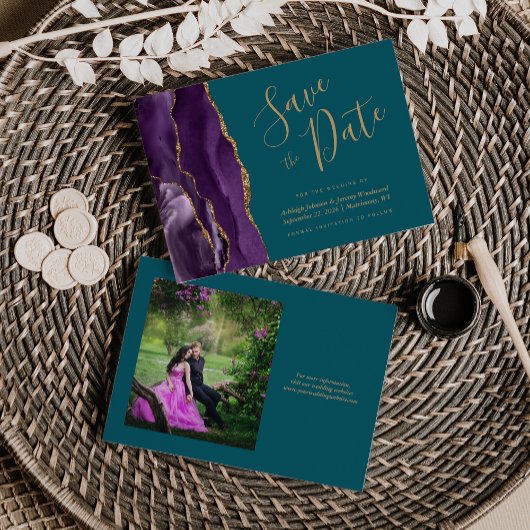 Save The Date Photo Purple Gold Agate Mariage Turquoise Enregist