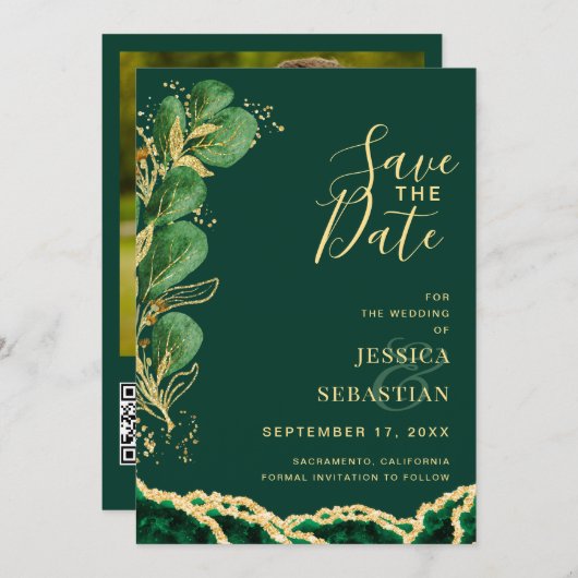 Save The Date Photo QR Code Emerald Agate Eucalyptus Moderne (Devant / Derrière)