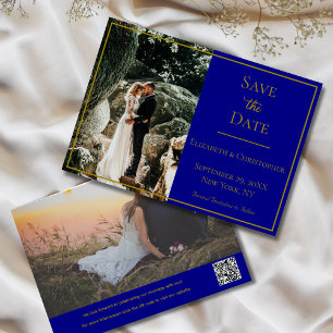 Save The Date Photo QR Code Marine Blue Gold Mariage élégant