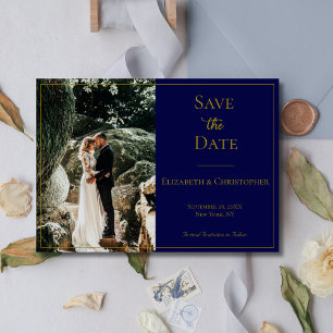 Save The Date Photo QR Code Marine Blue Gold Mariage élégant