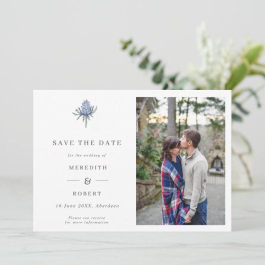 Save The Date Photo QR simple Mariage de chardon d'aquarelle ble (Debout devant)