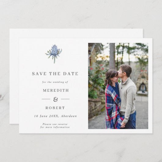 Save The Date Photo QR simple Mariage de chardon d'aquarelle ble (Devant / Derrière)