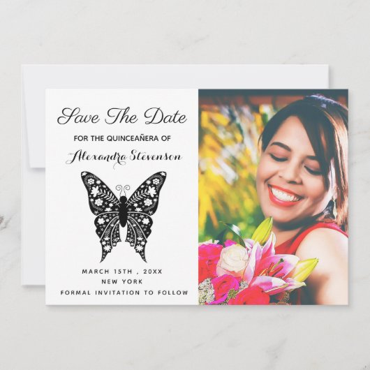 Save The Date Photo Quinceanera Papillon noir et blanc Anniversa (Devant)