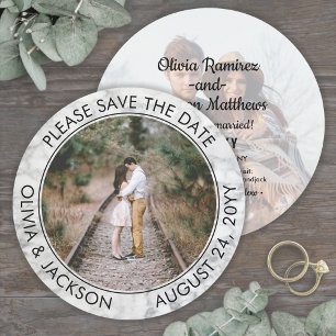 Save The Date Photo Rond Unique Noir Blanc Mariage Marbre Faux