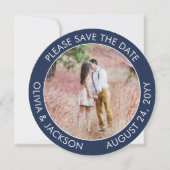Save The Date Photo ronde unique Mariage bleu blanc de la marine (Devant)