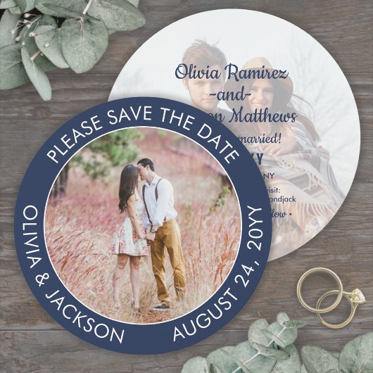 Save The Date Photo ronde unique Mariage bleu blanc de la marine