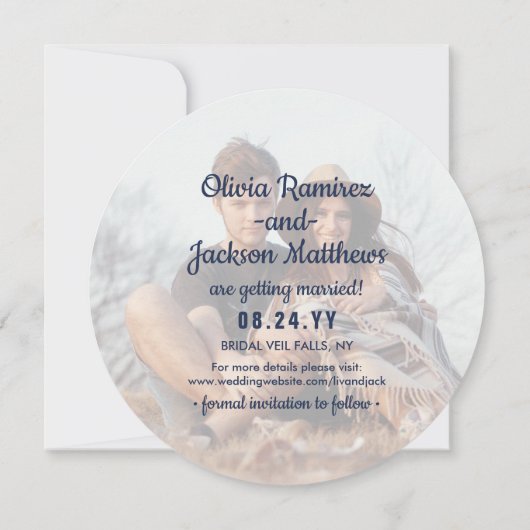 Save The Date Photo ronde unique moderne Marine Mariage bleu & o (Dos)