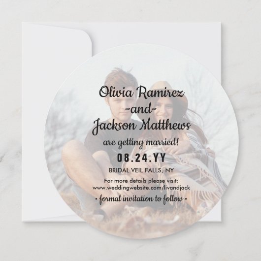 Save The Date Photo ronde unique Noir Blanc Faux Marbre Mariage (Dos)