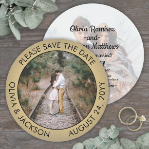 Save The Date Photo ronde unique Noir & Or Feuille de faux métal