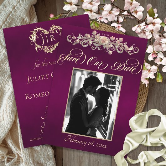 Save The Date Photo, Roses & Monogram - Prune