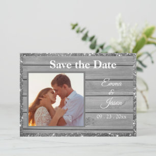 Save The Date Photo Rustic Grey Parties scintillant Wood Grain T