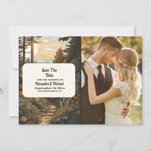 Save The Date Photo Rustic Mountain Forest Mariage À feuillage p (Devant)