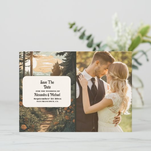 Save The Date Photo Rustic Mountain Forest Mariage À feuillage p (Debout devant)