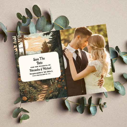 Save The Date Photo Rustic Mountain Forest Mariage À feuillage p