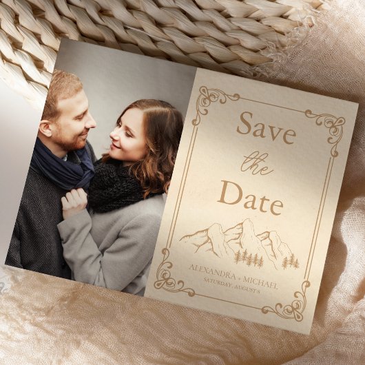 Save The Date Photo Rustic Woods Mountain Sketch Mariage