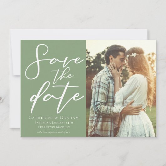 Save The Date Photo Sage Green White Script Couple (Devant)