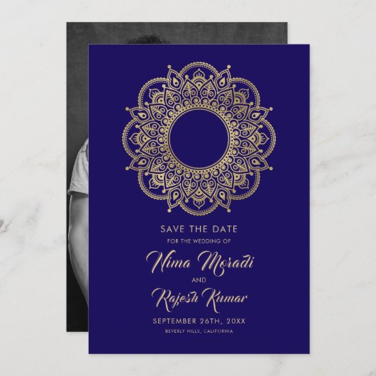 Save The Date Photo Save The Date, Mariage Indien, Violet, Or (Devant / Derrière)