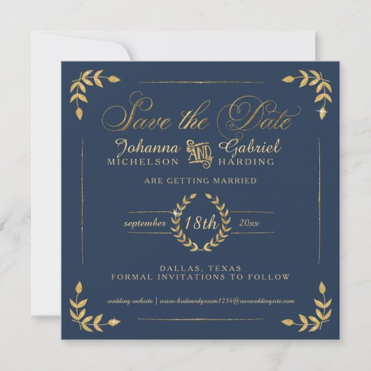 Save The Date Photo Save the Date, Marine Gold Laurel Leaf (Devant)