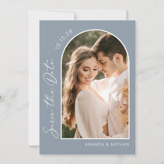 Save The Date Photo Simple Elegant Dusty Mariage bleu (Devant)