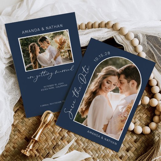 Save The Date Photo Simple Elegant Mariage bleu marine