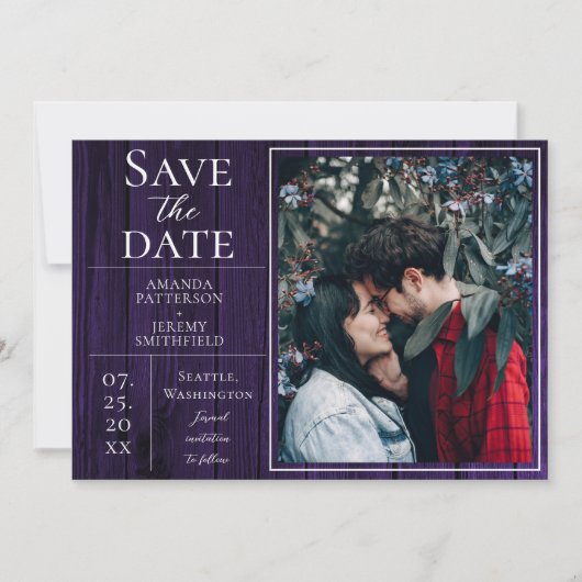 Save The Date Photo simple et rustique | Purple Enregistrer la d (Devant)