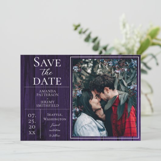 Save The Date Photo simple et rustique | Purple Enregistrer la d (Debout devant)