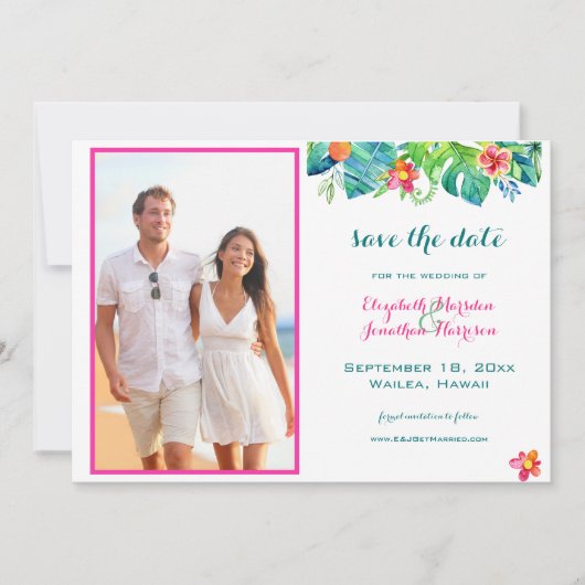Save The Date Photo Tropical Beach Berry rose Turquoise bleu flo (Devant)