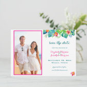 Save The Date Photo Tropical Beach Berry rose Turquoise bleu flo (Debout devant)
