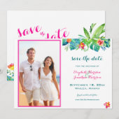 Save The Date Photo Tropical Beach Berry rose Turquoise bleu flo (Devant / Derrière)