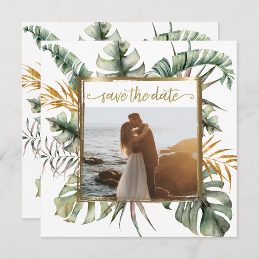 Save The Date Photo Tropical Elegant Palms Gold Frame (Devant / Derrière)