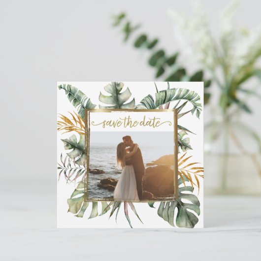 Save The Date Photo Tropical Elegant Palms Gold Frame (Debout devant)