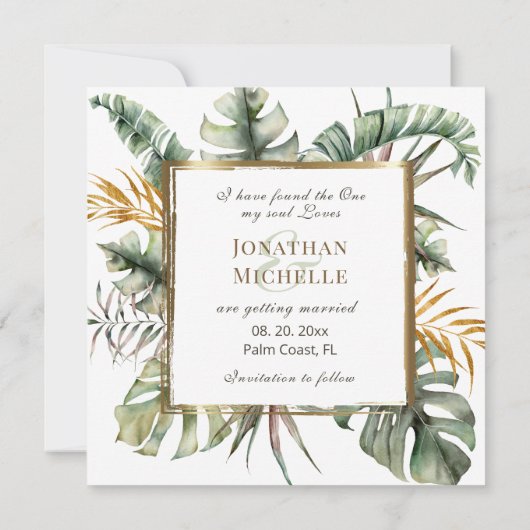 Save The Date Photo Tropical Elegant Palms Gold Frame (Dos)
