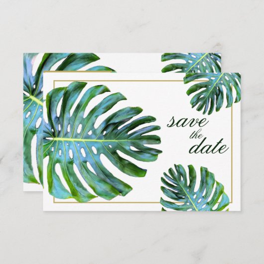 Save The Date Photo Tropical Leaf Gold Beach Enregistrer La Date (Devant / Derrière)