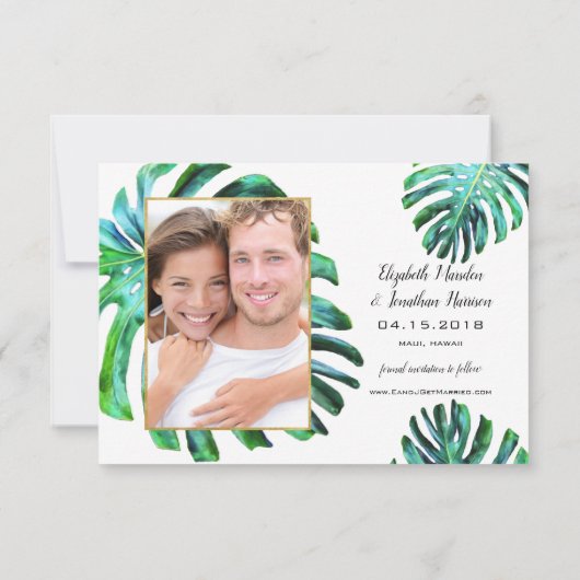 Save The Date Photo Tropical Leaf Green Gold Enregistrer La Date (Dos)