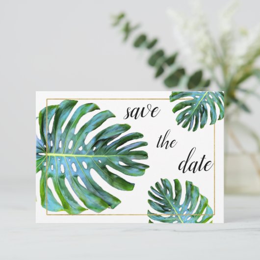 Save The Date Photo Tropical Leaf Green Gold Enregistrer La Date (Debout devant)