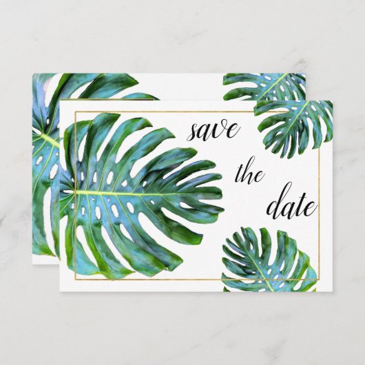 Save The Date Photo Tropical Leaf Green Gold Enregistrer La Date (Devant / Derrière)