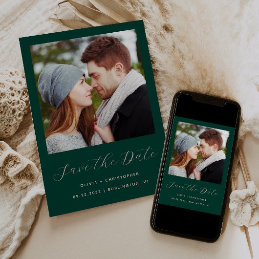 Save The Date Photo Vert Émeraude Rose Script