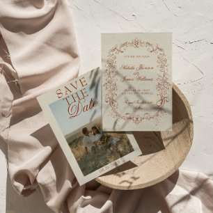 Save The Date Photo Vintage Orange Brûlé Argent Ancien Mariage R