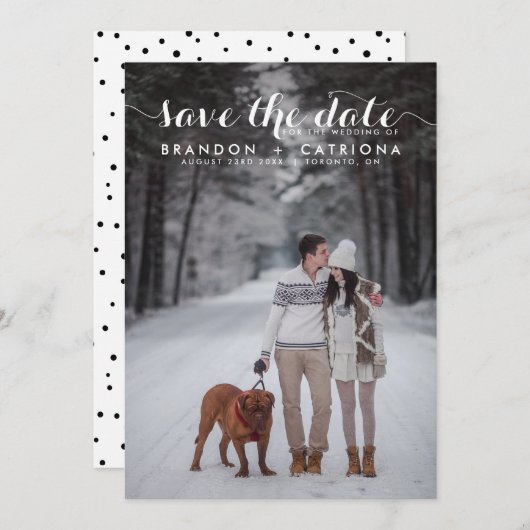 Save The Date Photo Whimsical Script Blanc Enregistrer La Date (Devant / Derrière)