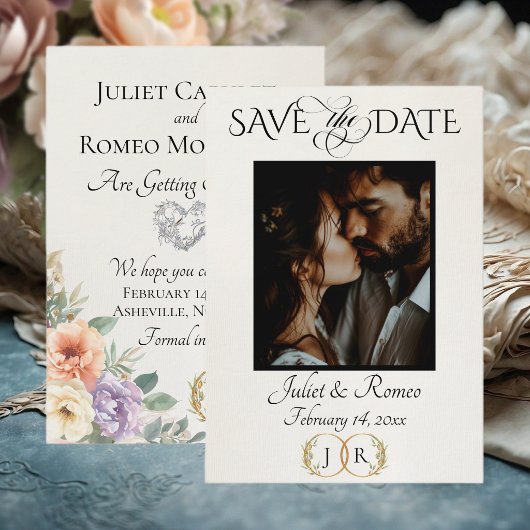 Save The Date Photo, Wildflowers & Leaf Monogram - Ivory