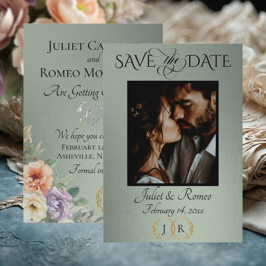 Save The Date Photo, Wildflowers & Leaf Monogram - Sage