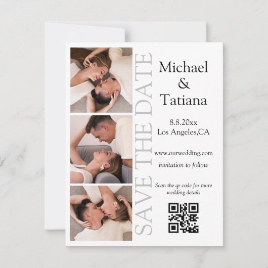 Save The Date photobooth script moderne 3 photos code qr minimum (Devant)