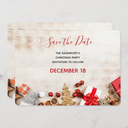 Save The Date Photographie en bois rustique avec objets de Noël (Devant / Derrière)