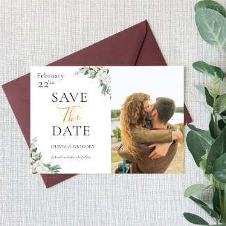 Save The Date Photos minimalistes Boho Vert vert Fleurs blanches