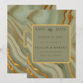 Save The Date Pierre d'Onyx Vert Sauge avec Veinage Doré