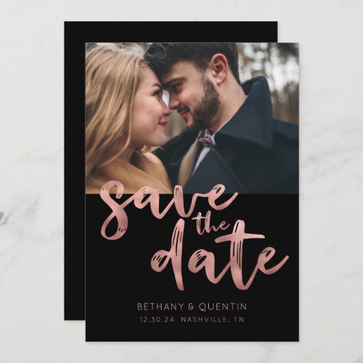 Save The Date Pinceau or Rose Chic Brush Script Photo (Devant / Derrière)
