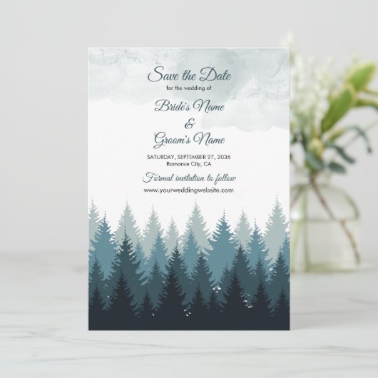 Save The Date Pine Arbre Aquarelle Forêt Mariage rustique (Debout devant)